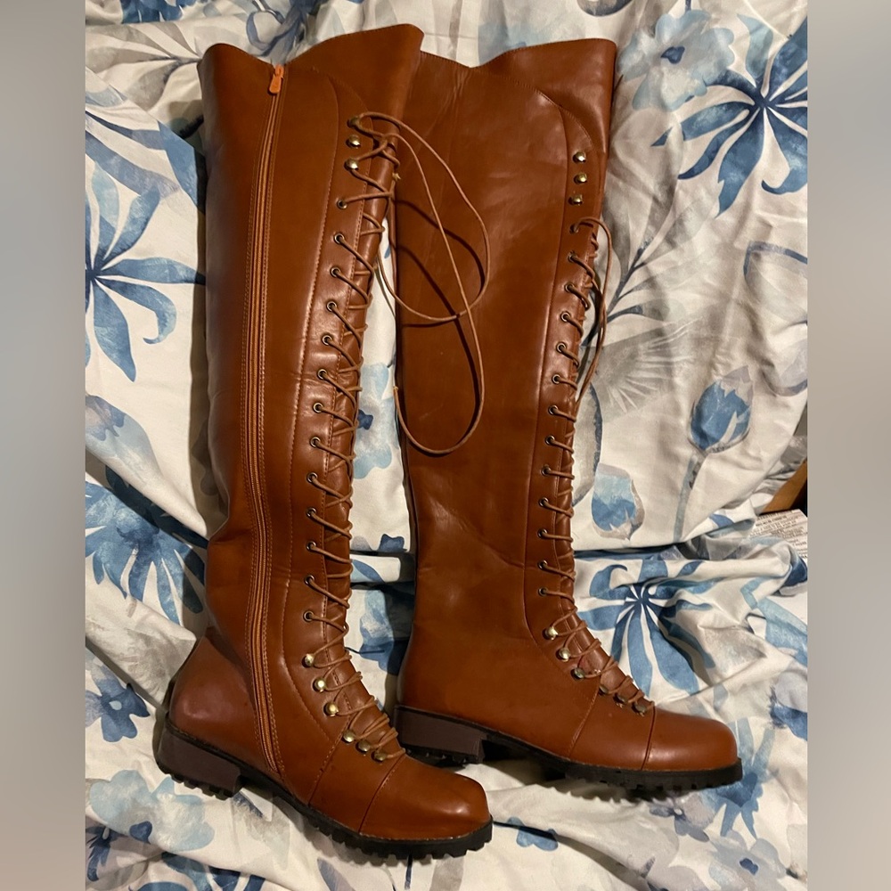 Brown Lace-Up Knee-High Boots